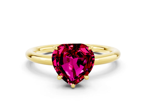 Yellow gold Heart Cut Garnet Solitaire Ring with Thin Band and Four-Prong Setting