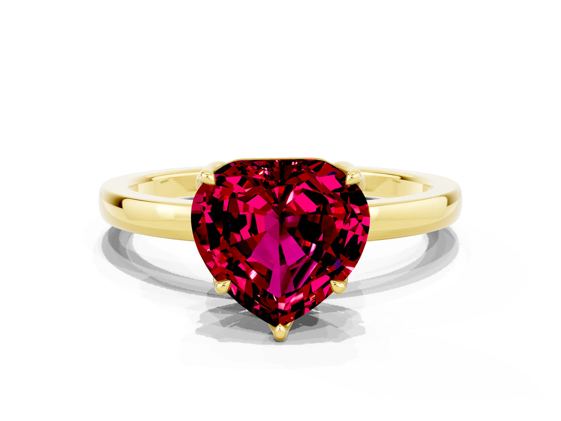 Yellow gold Heart Cut Garnet Solitaire Ring with Thin Band and Prong Setting_12