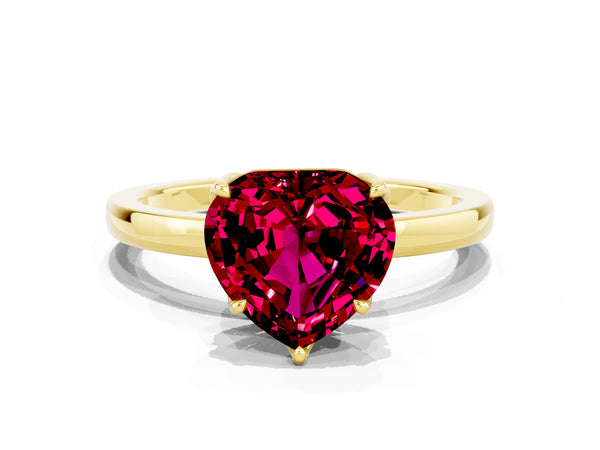 Yellow gold Heart Cut Garnet Solitaire Ring with Thin Band and Prong Setting