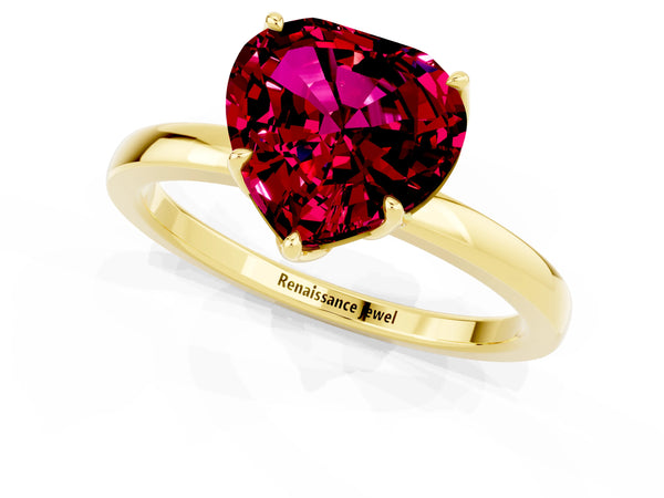Yellow gold Heart Cut Garnet Solitaire Ring with Thin Band and Prong Setting