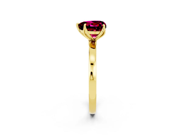 Yellow gold Heart Cut Garnet Solitaire Ring with Thin Band and Prong Setting