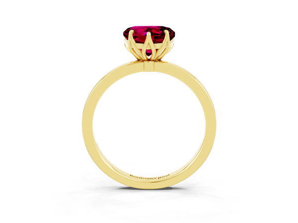 Yellow gold Heart Cut Garnet Solitaire Ring with Thin Band and Prong Setting