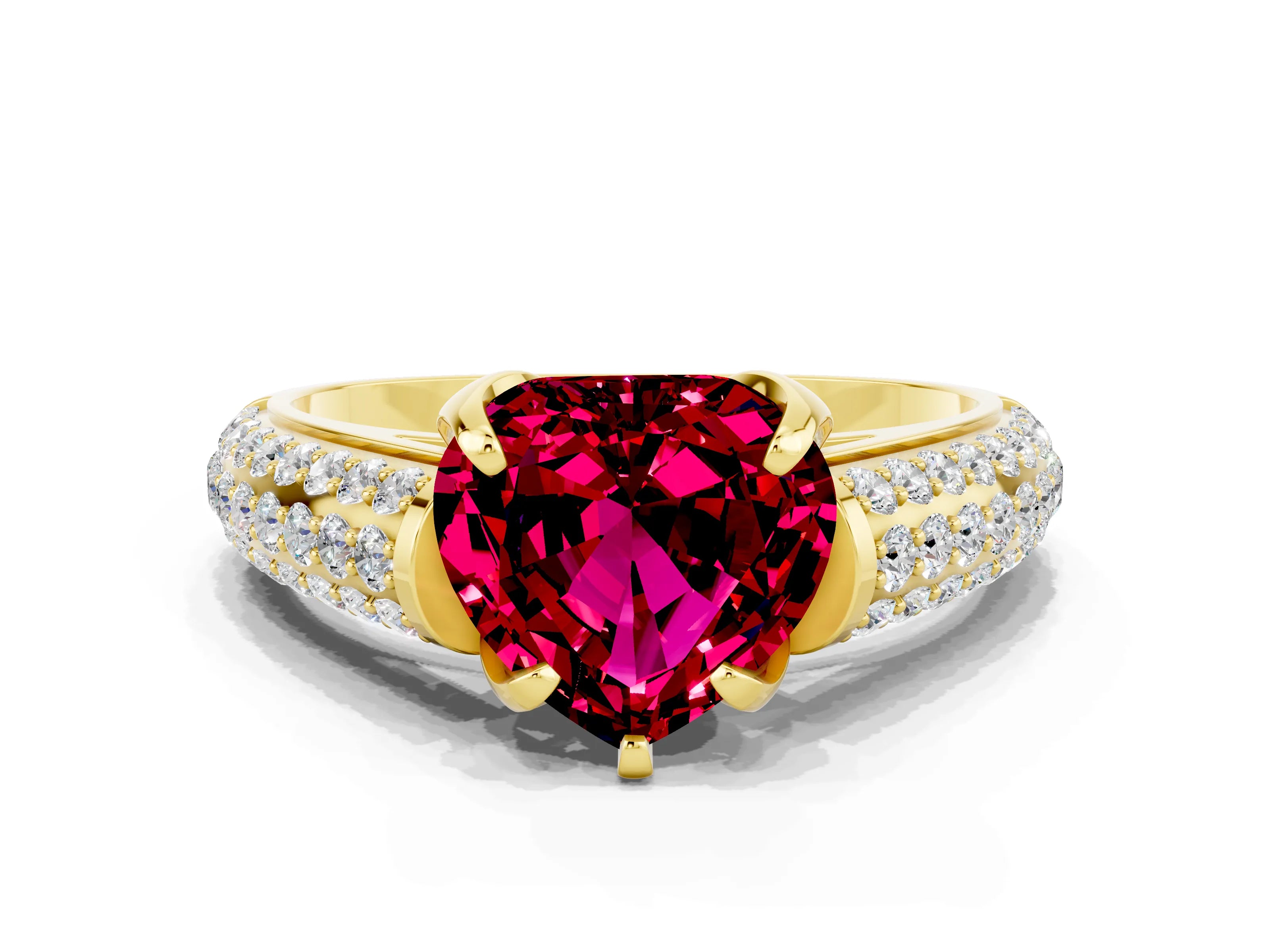 Yellow gold Heart Cut Garnet Solitaire Ring with Three-Row Pavé Band and Four-Prong Setting_12
