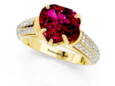 Yellow gold Heart Cut Garnet Solitaire Ring with Three-Row Pavé Band and Four-Prong Setting_13
