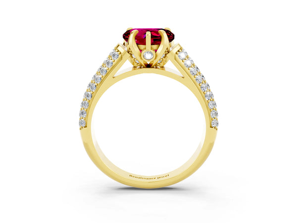 Yellow gold Heart Cut Garnet Solitaire Ring with Three-Row Pavé Band and Four-Prong Setting