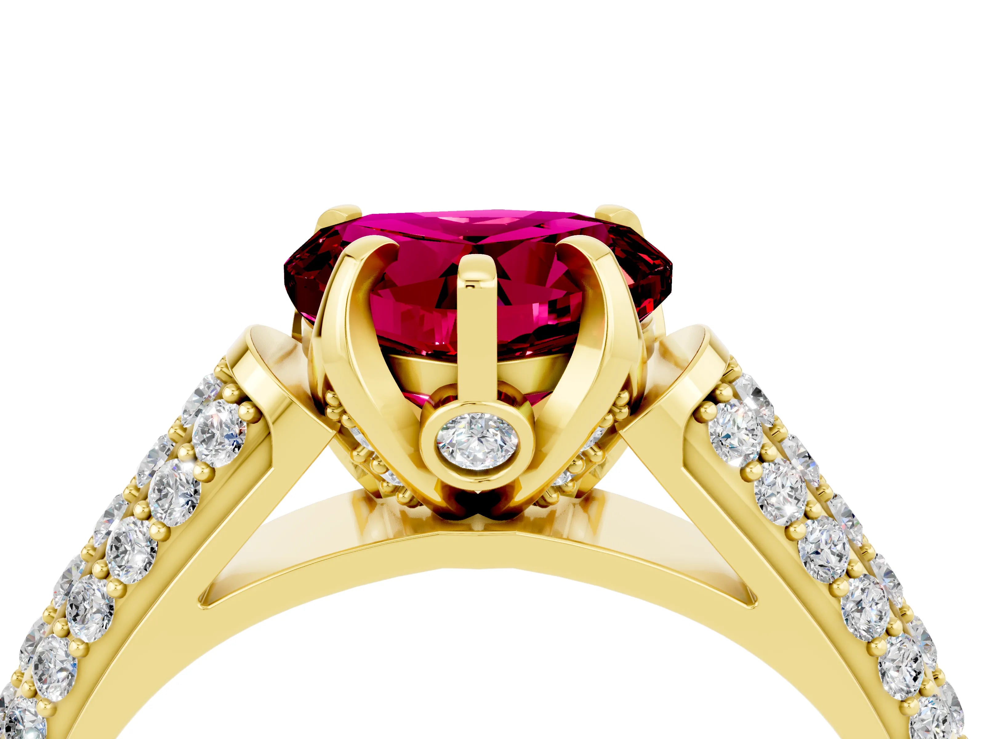 Yellow gold Heart Cut Garnet Solitaire Ring with Three-Row Pavé Band and Four-Prong Setting_16
