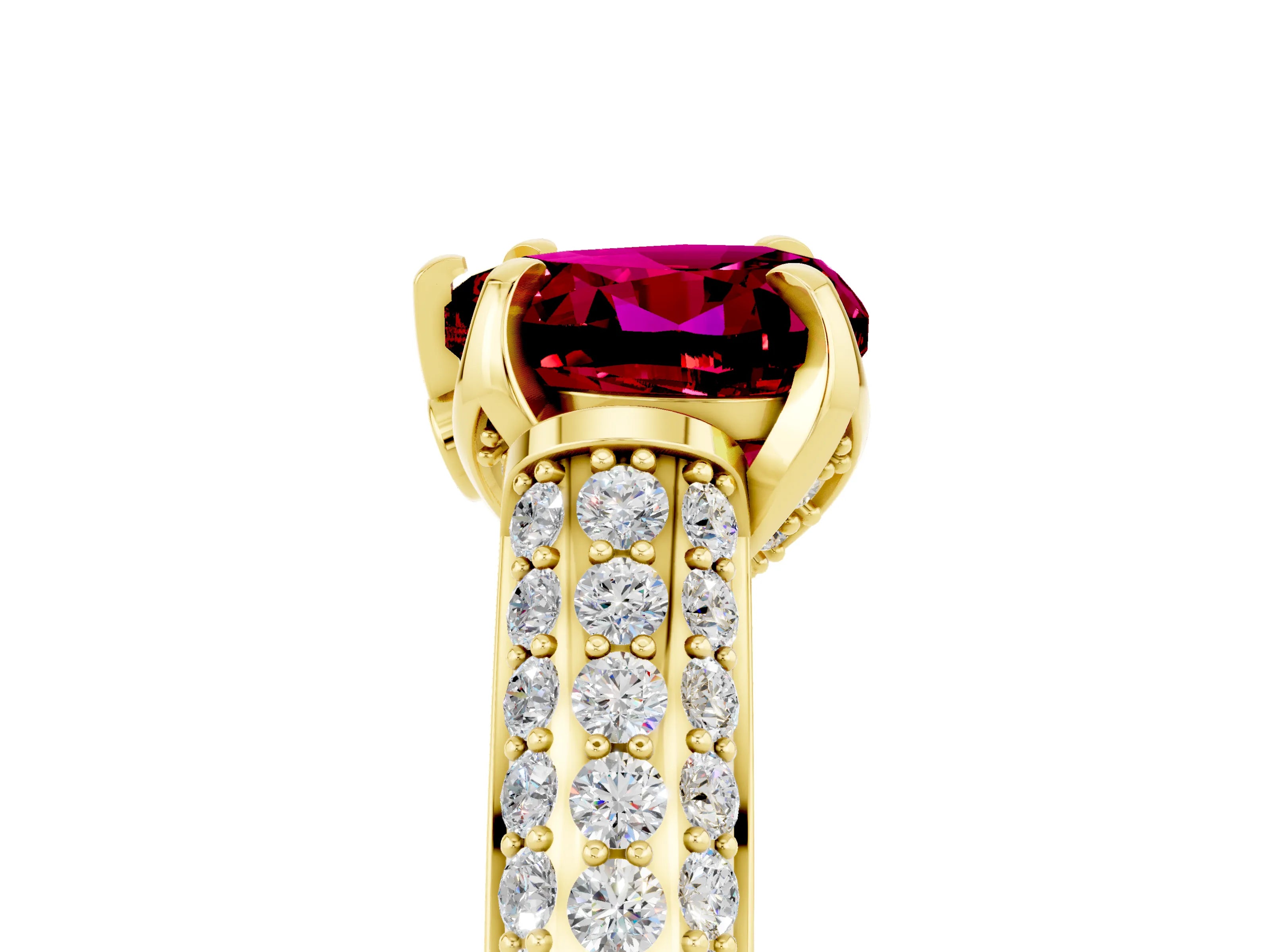 Yellow gold Heart Cut Garnet Solitaire Ring with Three-Row Pavé Band and Four-Prong Setting_17