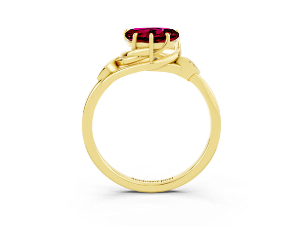 Yellow gold Heart Cut Garnet Solitaire Ring with Twist Band and Four-Prong Setting