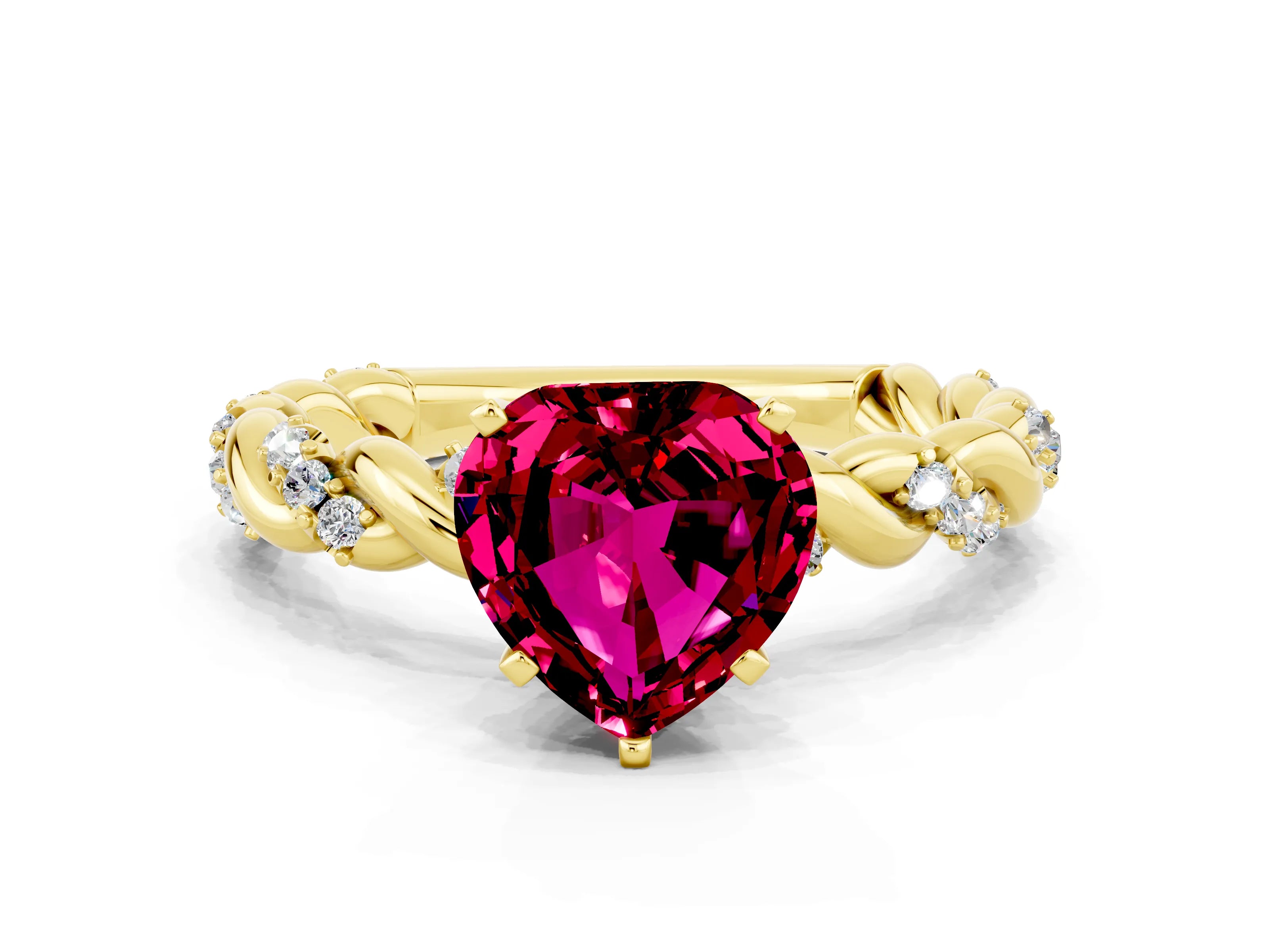 Yellow gold Heart Cut Garnet Solitaire Ring with Twisted Band and Pavé Accents