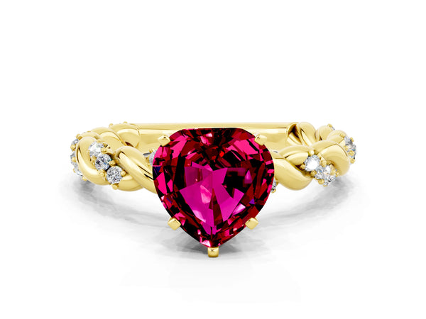 Yellow gold Heart Cut Garnet Solitaire Ring with Twisted Band and Pavé Accents