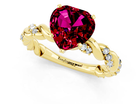 Yellow gold Heart Cut Garnet Solitaire Ring with Twisted Band and Pavé Accents_1