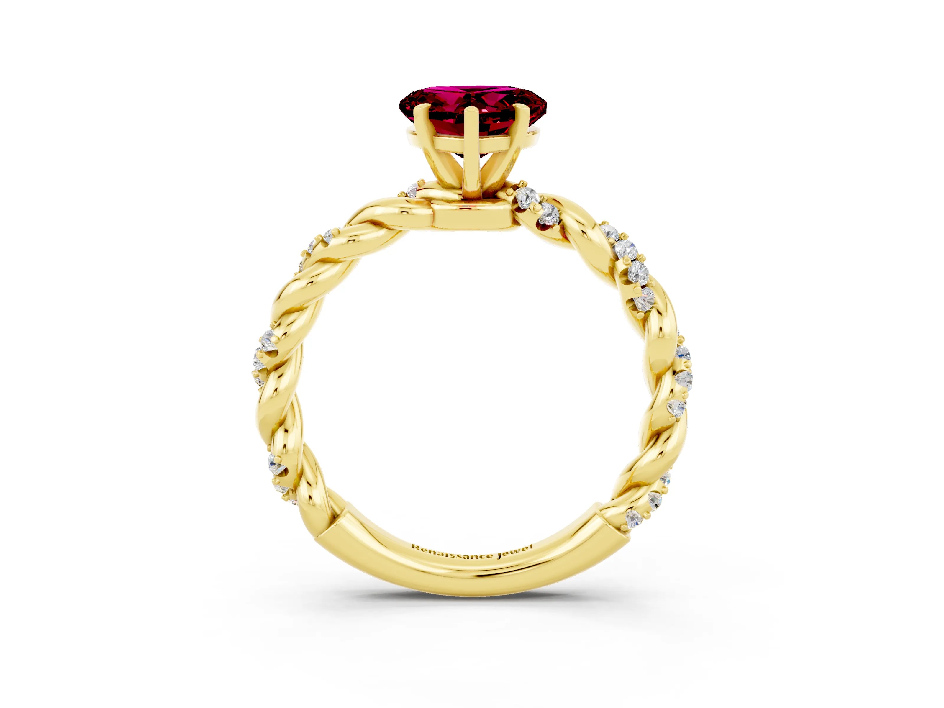 Yellow gold Heart Cut Garnet Solitaire Ring with Twisted Band and Pavé Accents_3