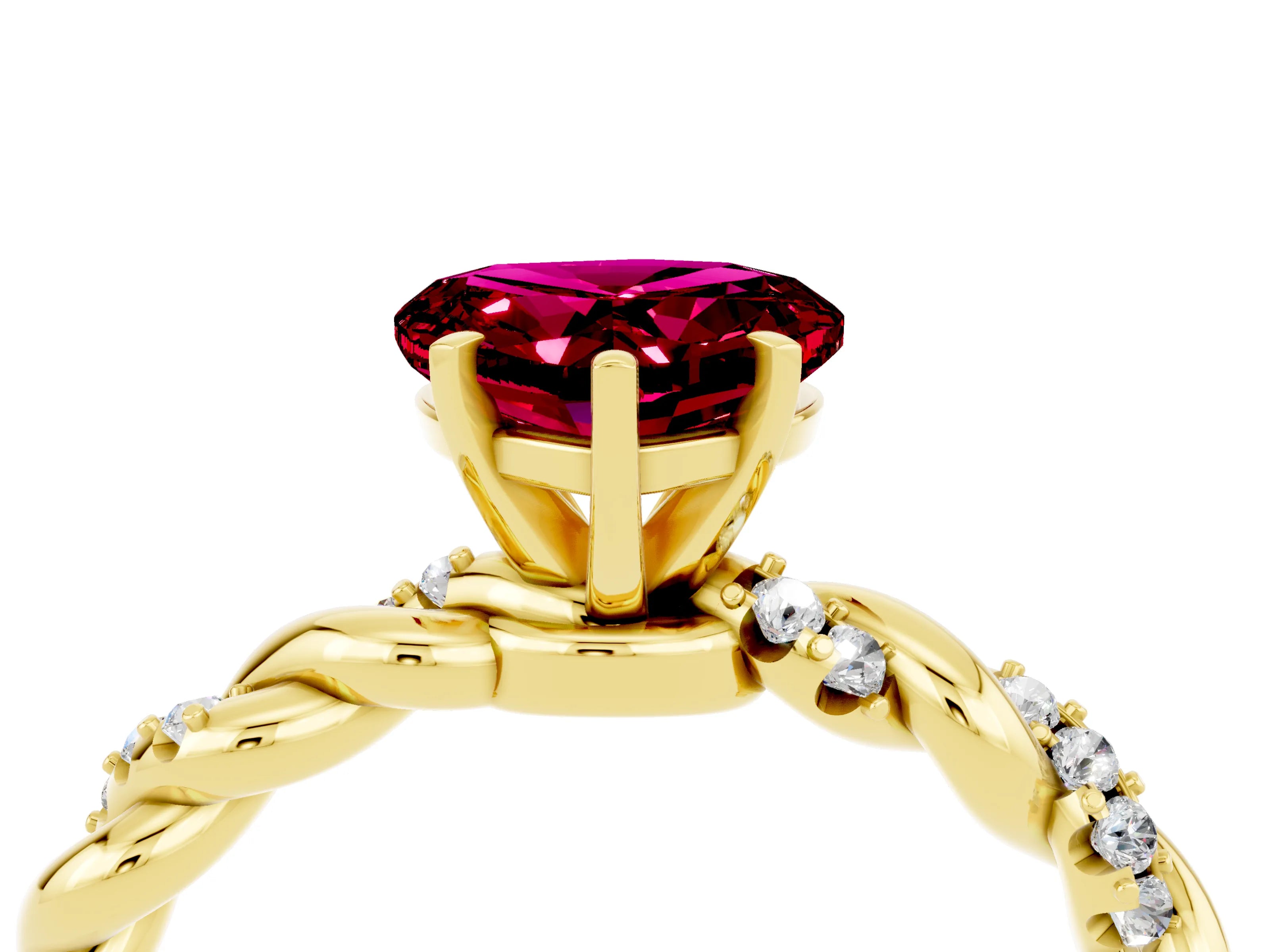 Yellow gold Heart Cut Garnet Solitaire Ring with Twisted Band and Pavé Accents_4
