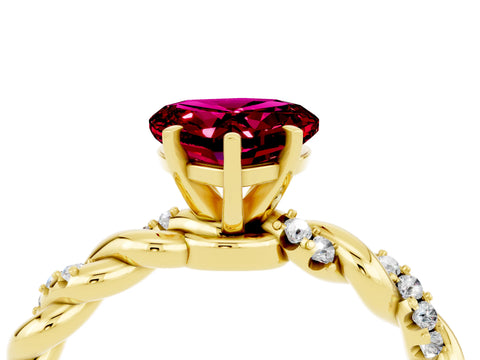 Yellow gold Heart Cut Garnet Solitaire Ring with Twisted Band and Pavé Accents_4