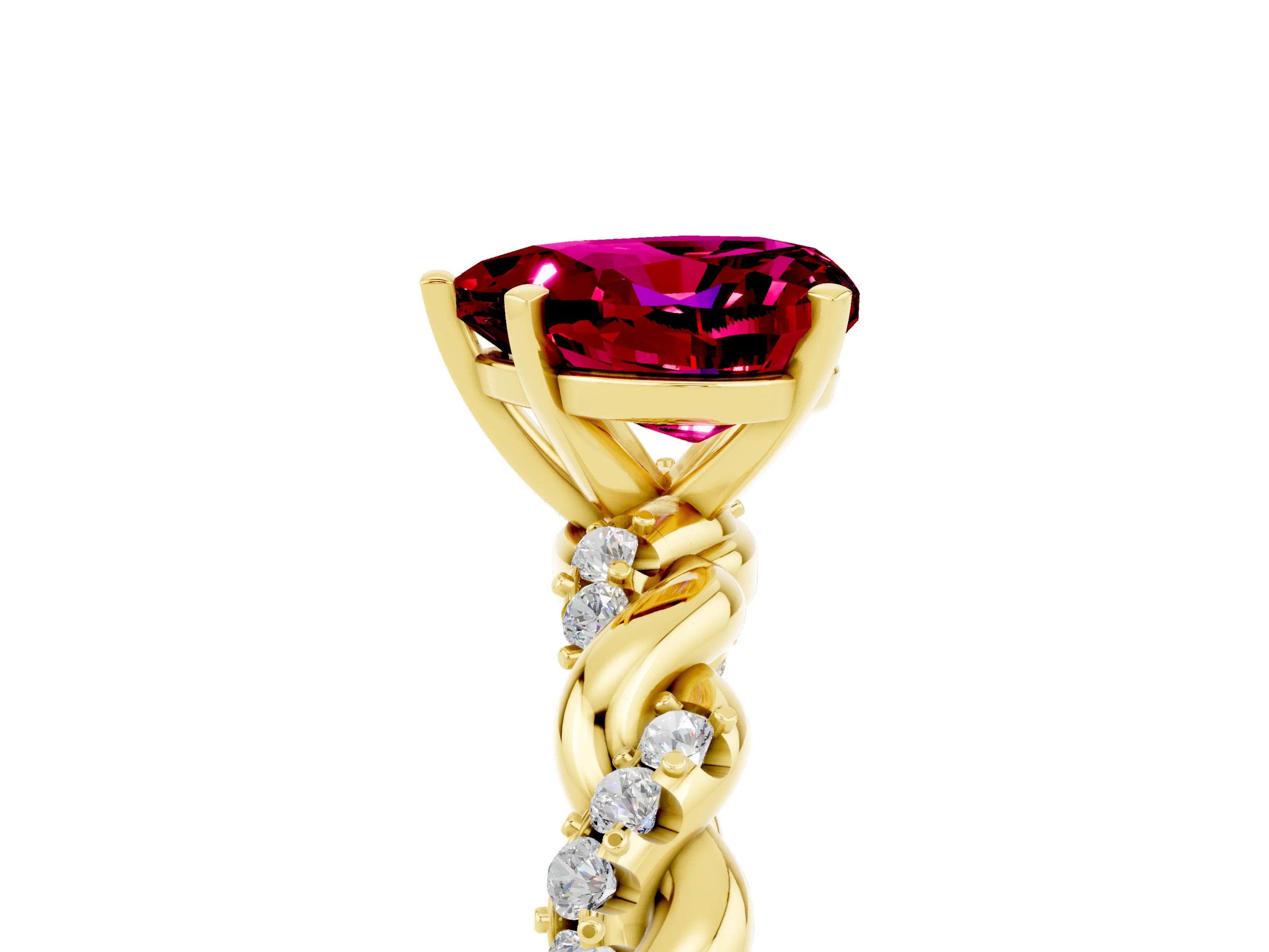 Yellow gold Heart Cut Garnet Solitaire Ring with Twisted Band and Pavé Accents_5