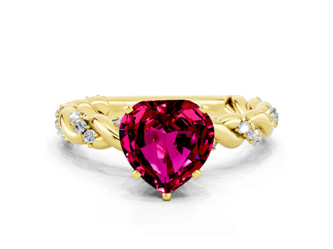 Yellow gold Heart Cut Garnet Solitaire Ring with Twisted Band and Pavé Accents