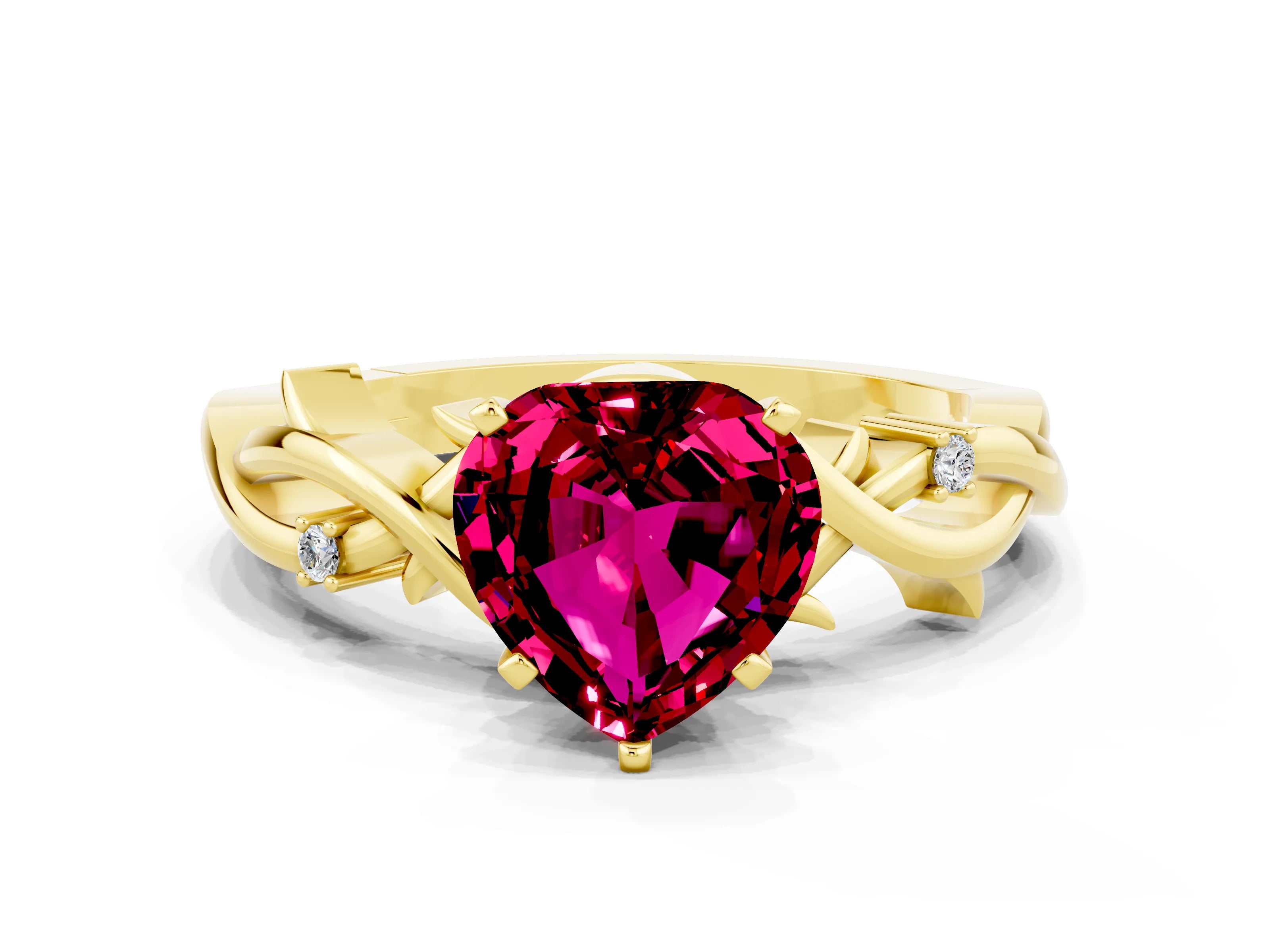 Yellow gold Heart Cut Garnet Solitaire Ring with Twisted Band and Prong Setting