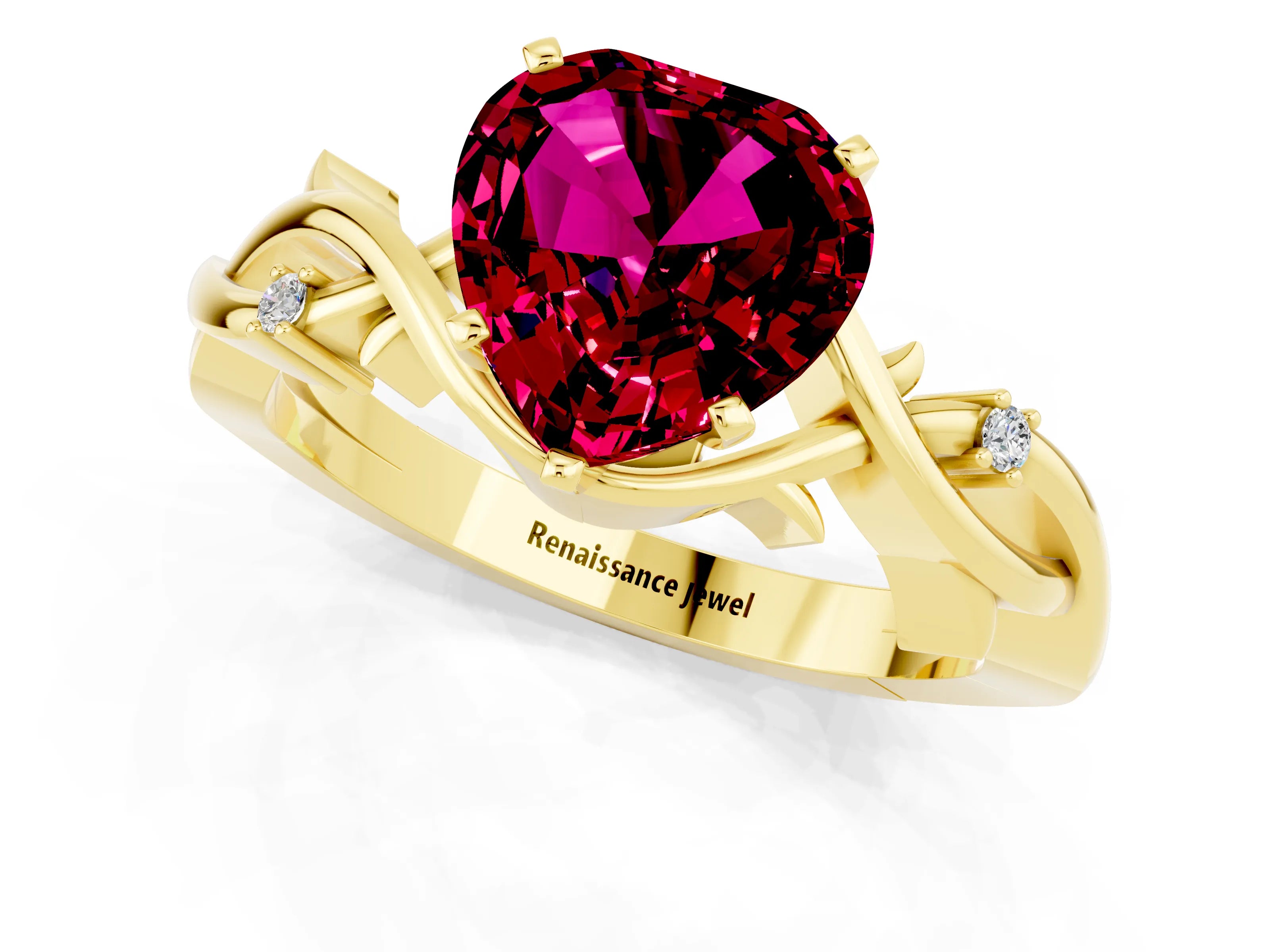 Yellow gold Heart Cut Garnet Solitaire Ring with Twisted Band and Prong Setting_1