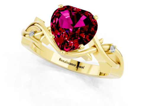 Yellow gold Heart Cut Garnet Solitaire Ring with Twisted Band and Prong Setting_1
