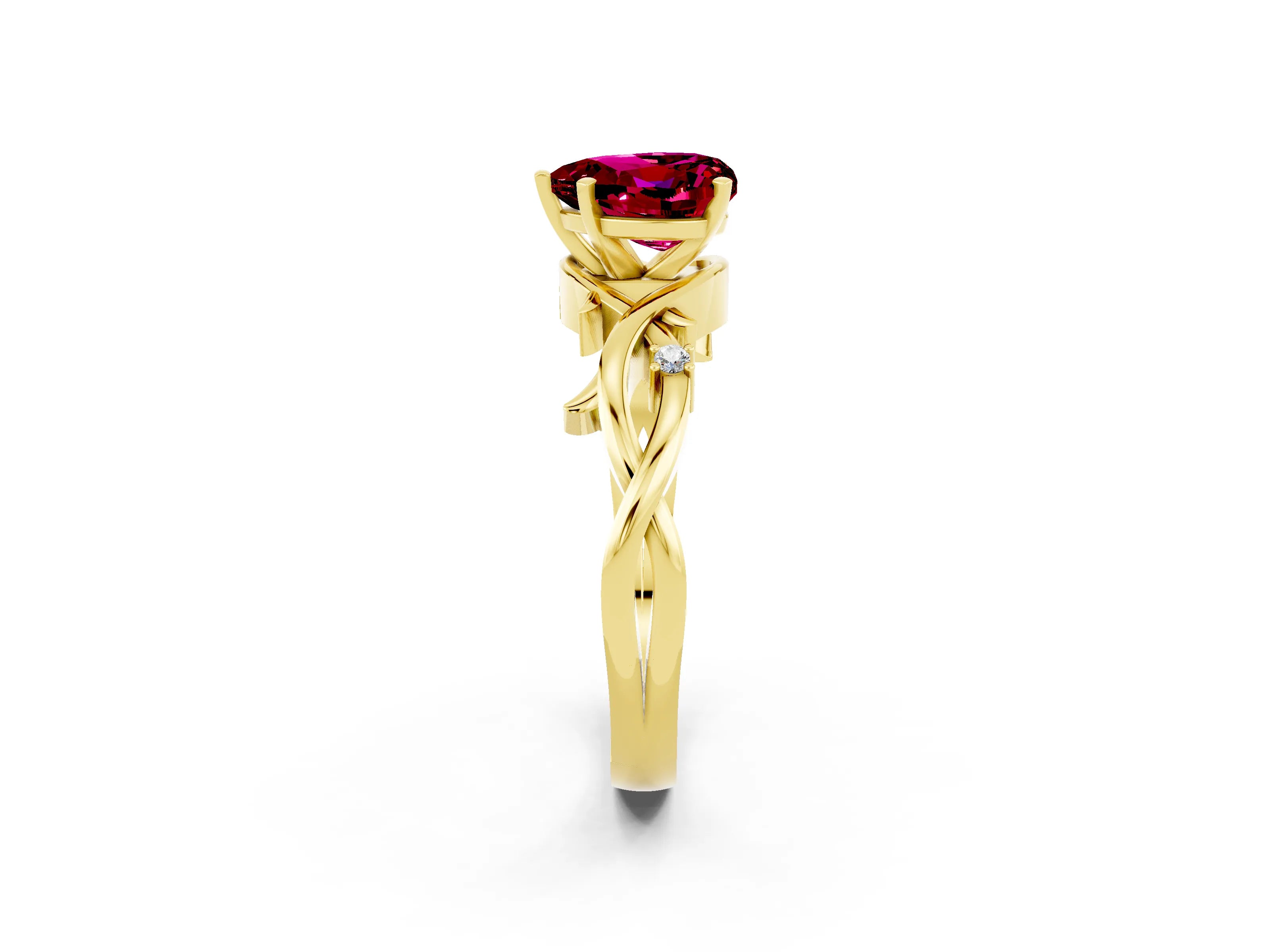 Yellow gold Heart Cut Garnet Solitaire Ring with Twisted Band and Prong Setting_2