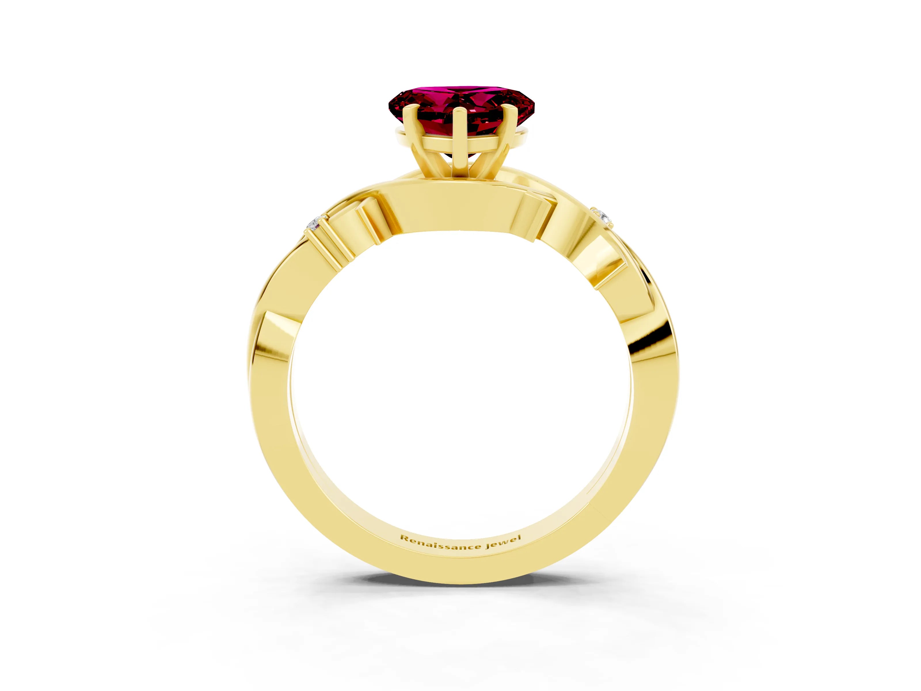 Yellow gold Heart Cut Garnet Solitaire Ring with Twisted Band and Prong Setting_3