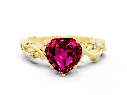 Yellow gold Heart Cut Garnet Solitaire Ring with Twisted Band and Prong Setting