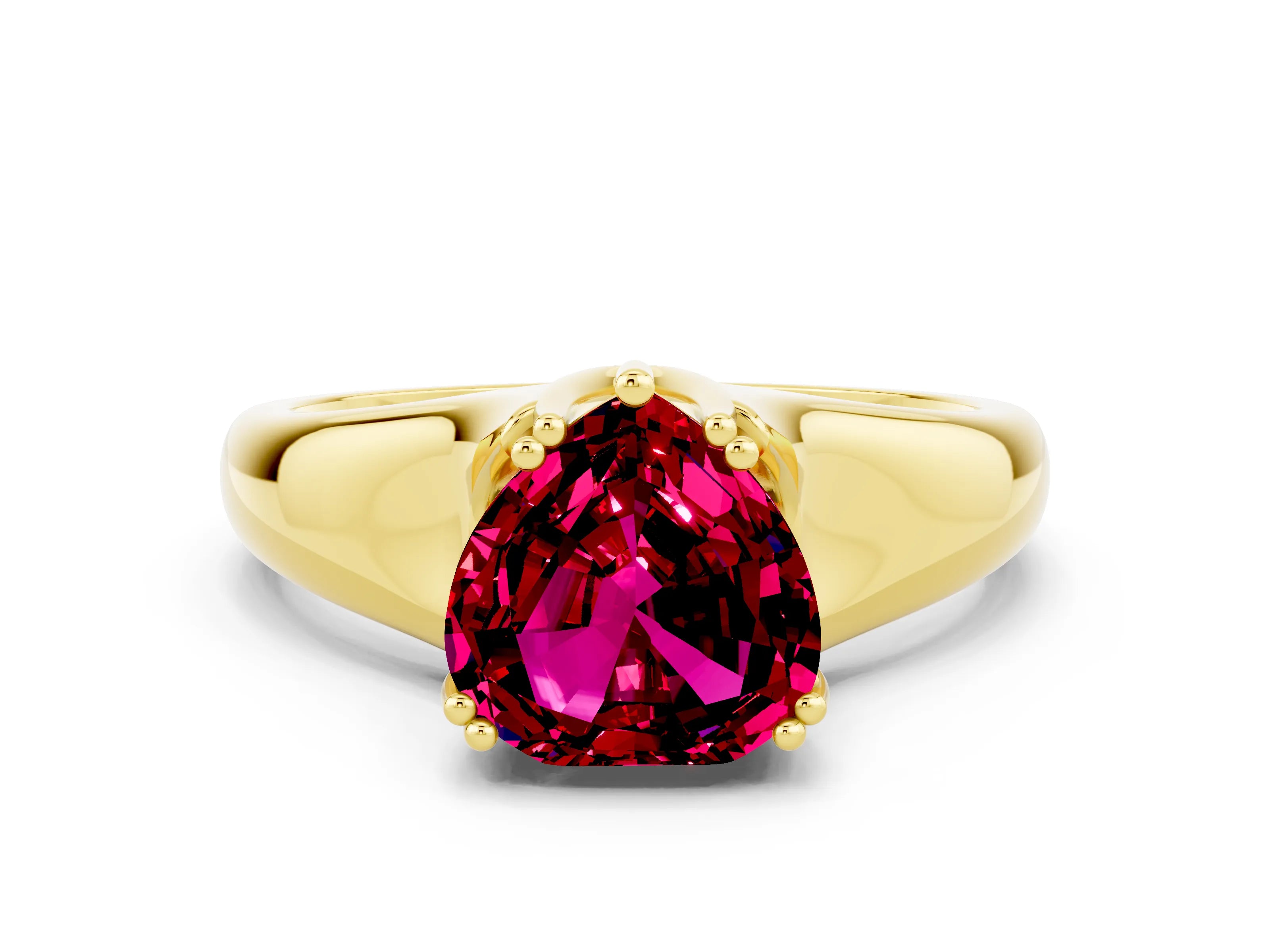 Yellow gold Heart Cut Garnet Solitaire Ring with Wide Band and Prong Setting