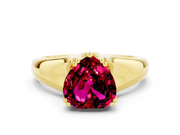 Yellow gold Heart Cut Garnet Solitaire Ring with Wide Band and Prong Setting
