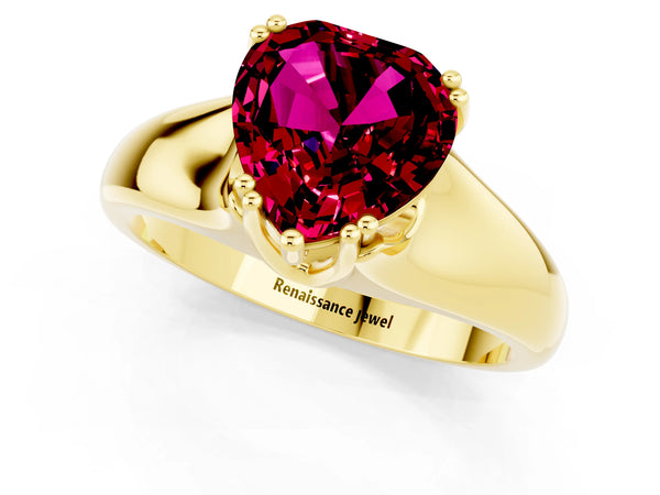 Yellow gold Heart Cut Garnet Solitaire Ring with Wide Band and Prong Setting