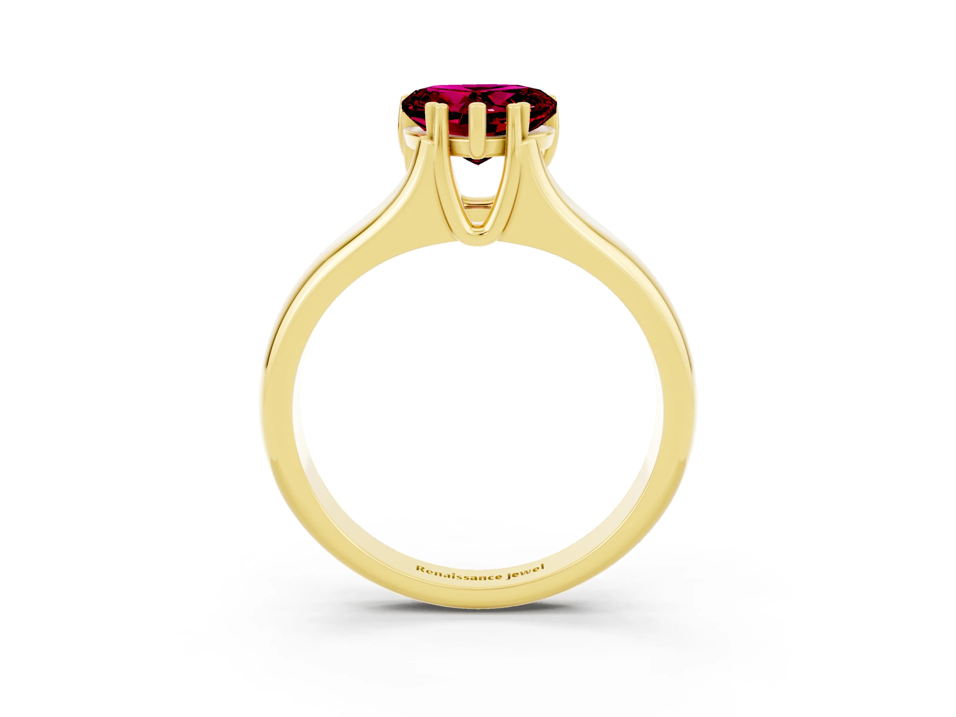 Yellow gold Heart Cut Garnet Solitaire Ring with Wide Band and Prong Setting_3
