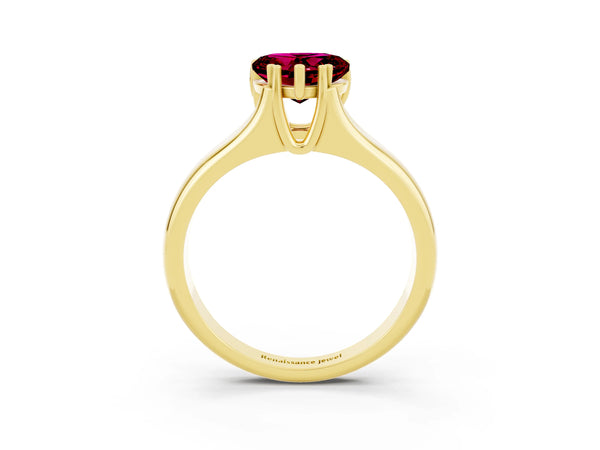 Yellow gold Heart Cut Garnet Solitaire Ring with Wide Band and Prong Setting