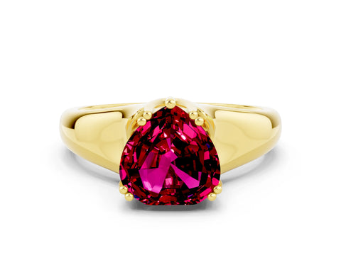 Yellow gold Heart Cut Garnet Solitaire Ring with Wide Band and Prong Setting