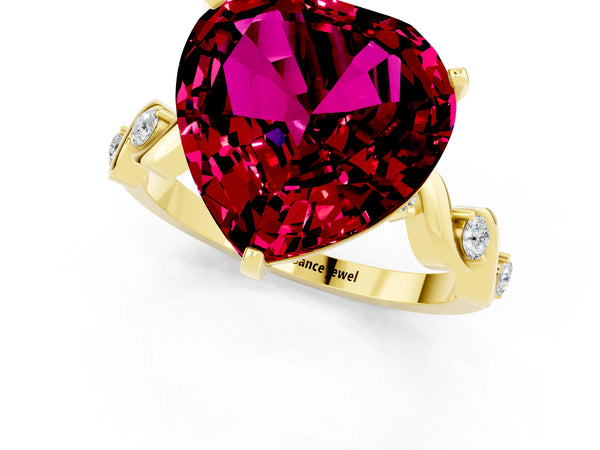 Yellow gold Heart Cut Garnet Solitaire Twisted Band with Round  Accents and Prong Setting