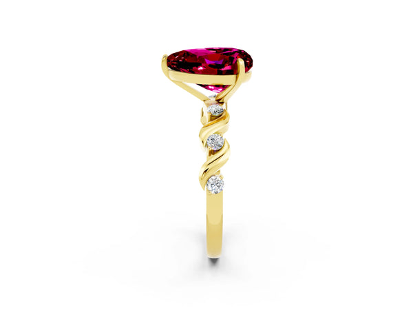 Yellow gold Heart Cut Garnet Solitaire Twisted Band with Round  Accents and Prong Setting