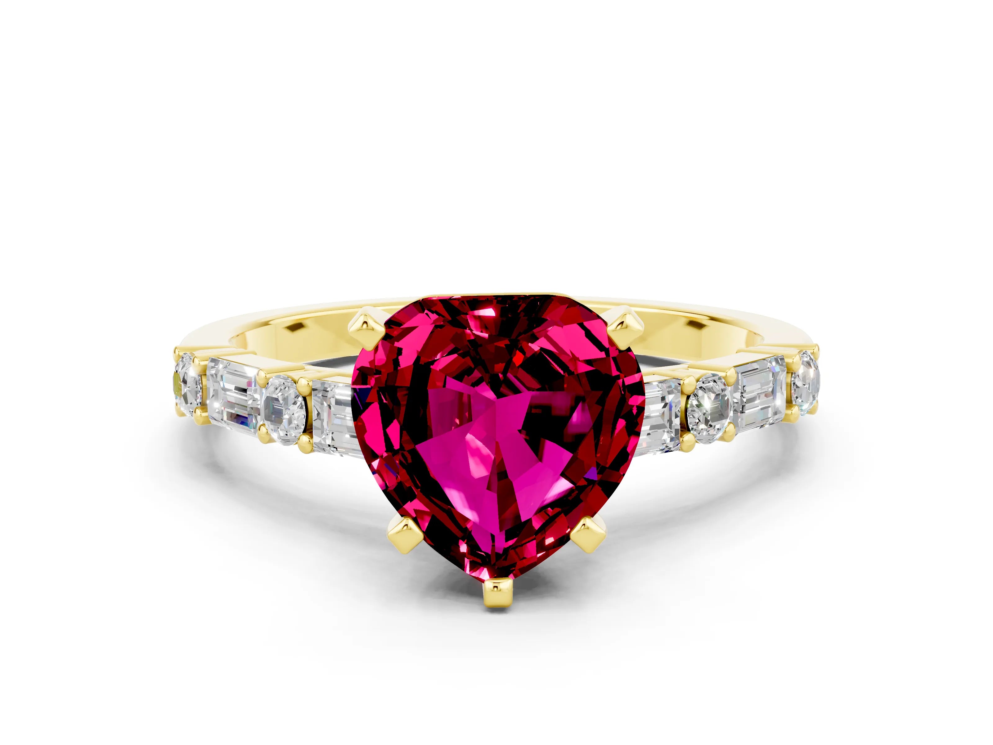 Yellow gold Heart Cut Garnet Solitaire with Side Baguettes and Channel Set Band