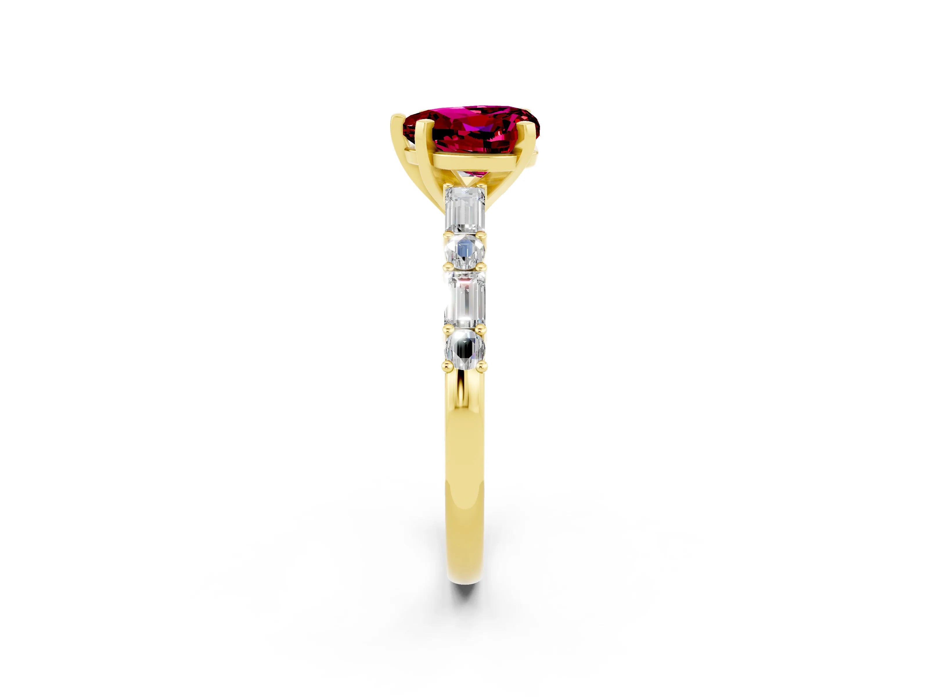 Yellow gold Heart Cut Garnet Solitaire with Side Baguettes and Channel Set Band_2