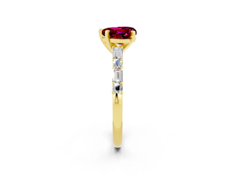 Yellow gold Heart Cut Garnet Solitaire with Side Baguettes and Channel Set Band_2
