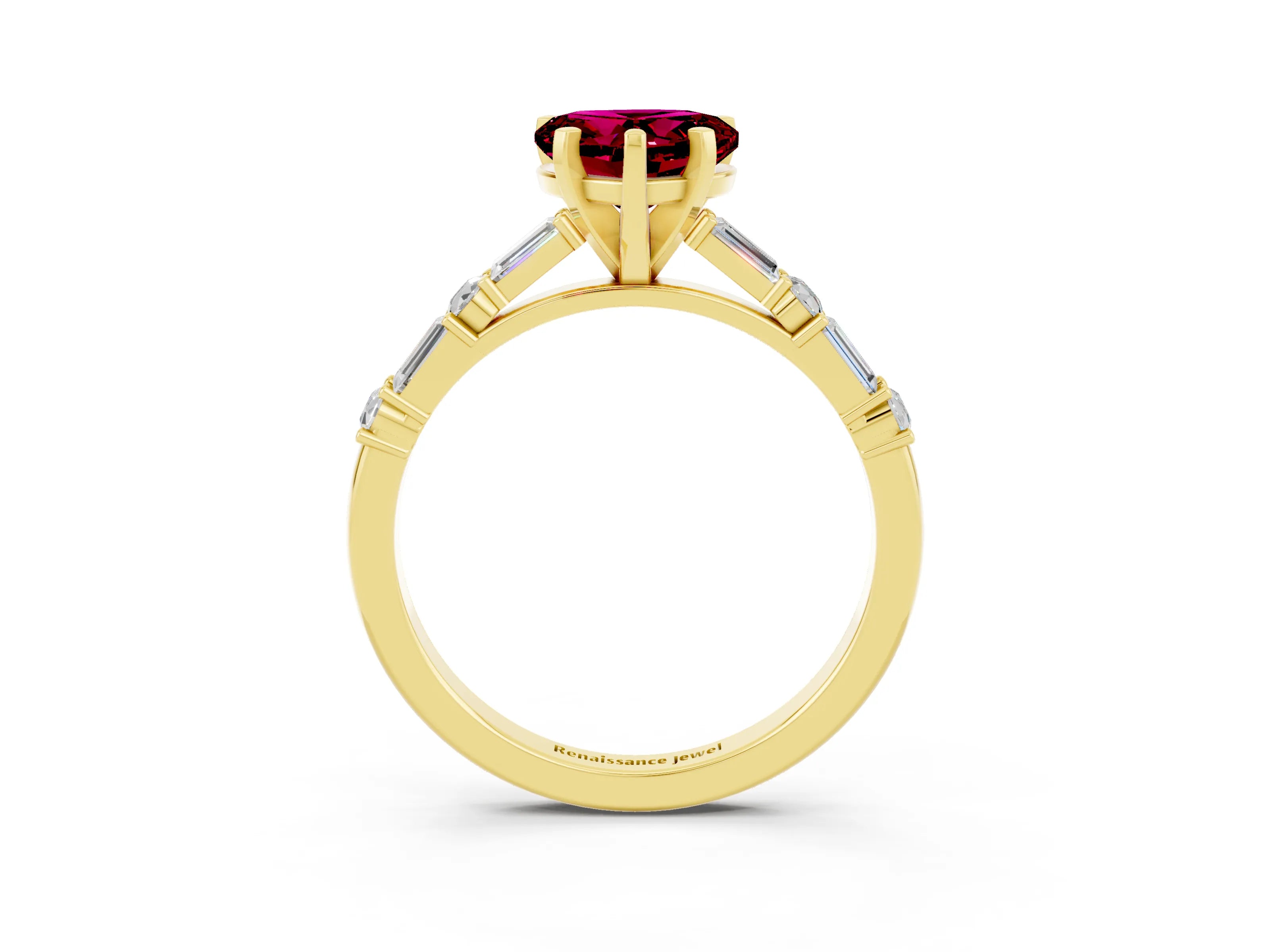 Yellow gold Heart Cut Garnet Solitaire with Side Baguettes and Channel Set Band_3