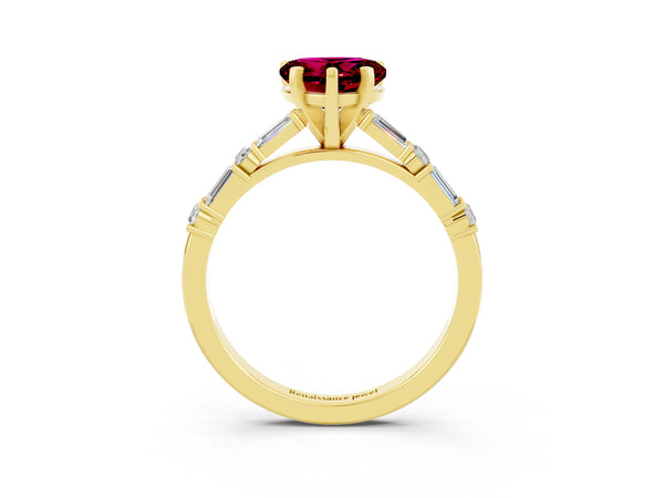 Yellow gold Heart Cut Garnet Solitaire with Side Baguettes and Channel Set Band