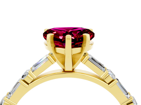 Yellow gold Heart Cut Garnet Solitaire with Side Baguettes and Channel Set Band_4
