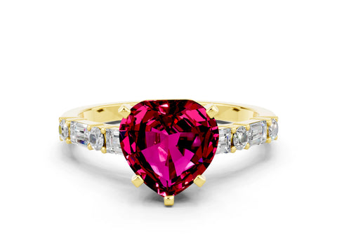 Yellow gold Heart Cut Garnet Solitaire with Side Baguettes and Channel Set Band