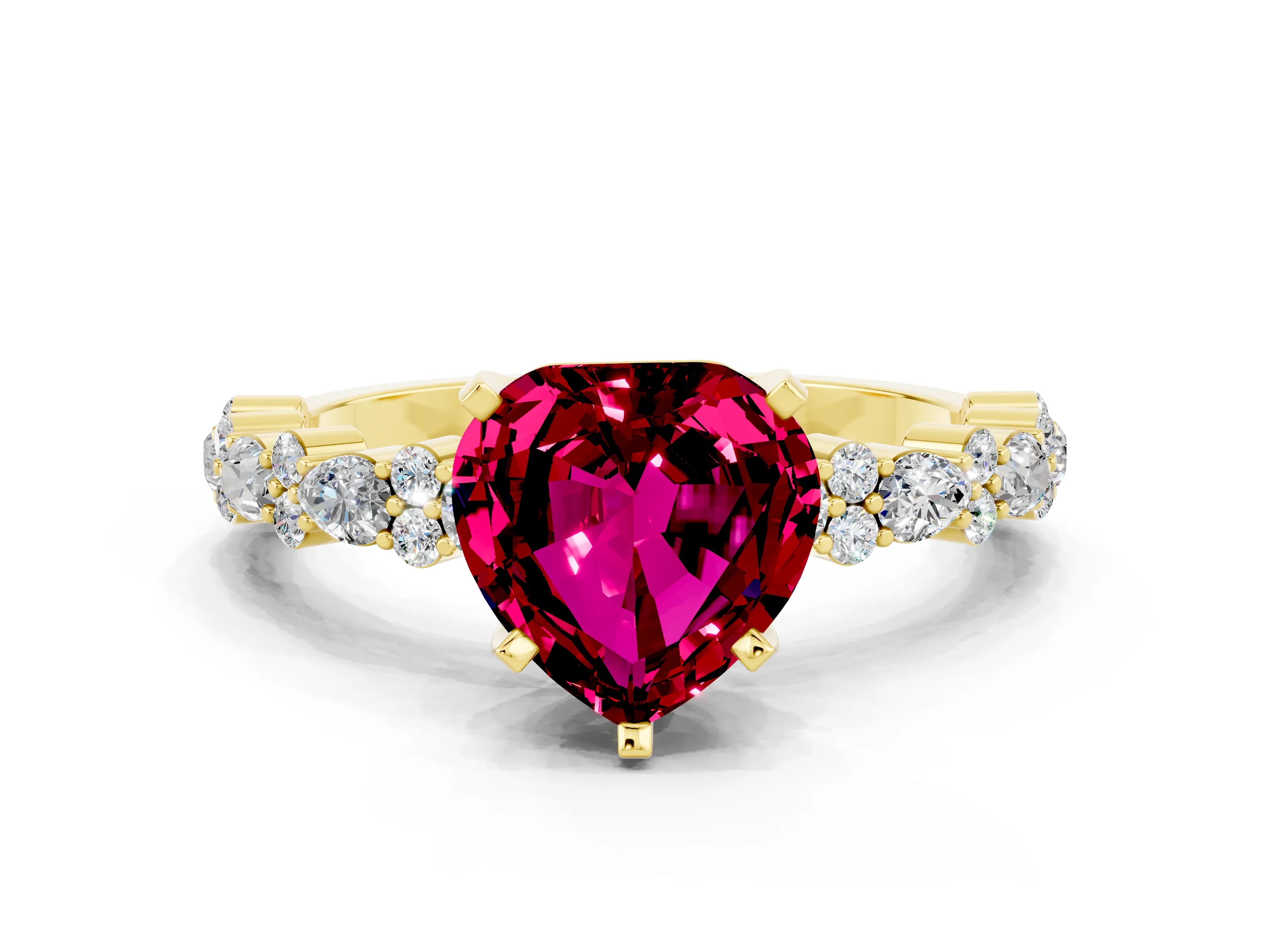 Yellow gold Heart Cut Garnet Solitaire with Side Stones, Pave Band, Four-Prong Setting_36