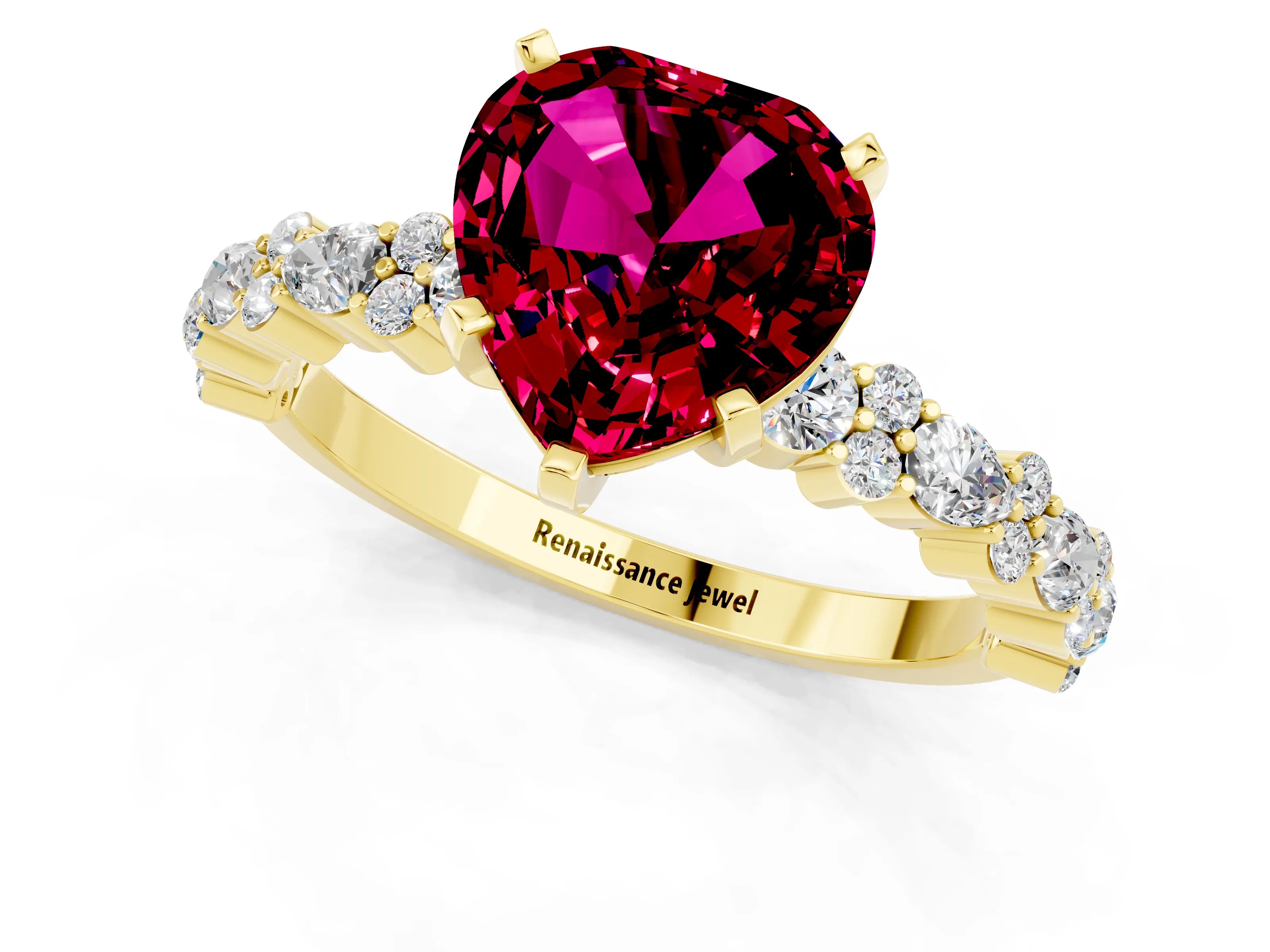Yellow gold Heart Cut Garnet Solitaire with Side Stones, Pave Band, Four-Prong Setting_37