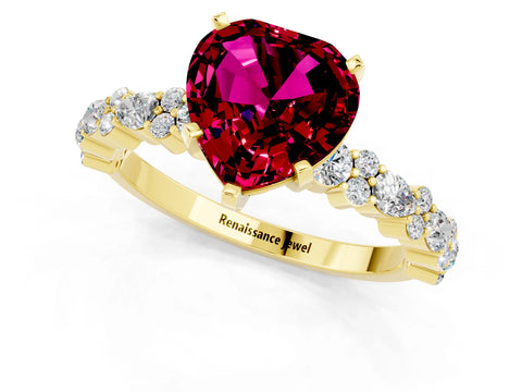 Yellow gold Heart Cut Garnet Solitaire with Side Stones, Pave Band, Four-Prong Setting_37