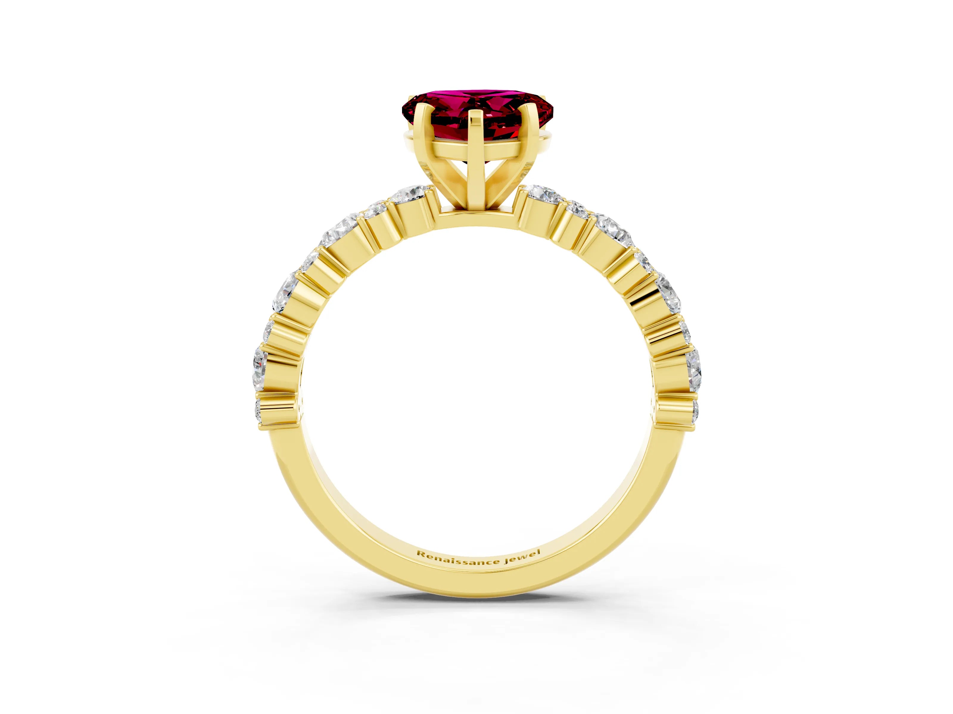 Yellow gold Heart Cut Garnet Solitaire with Side Stones, Pave Band, Four-Prong Setting_39