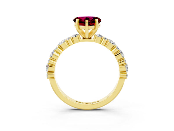 Yellow gold Heart Cut Garnet Side Stone Solitaire Ring with Round  and Four-Prong Setting