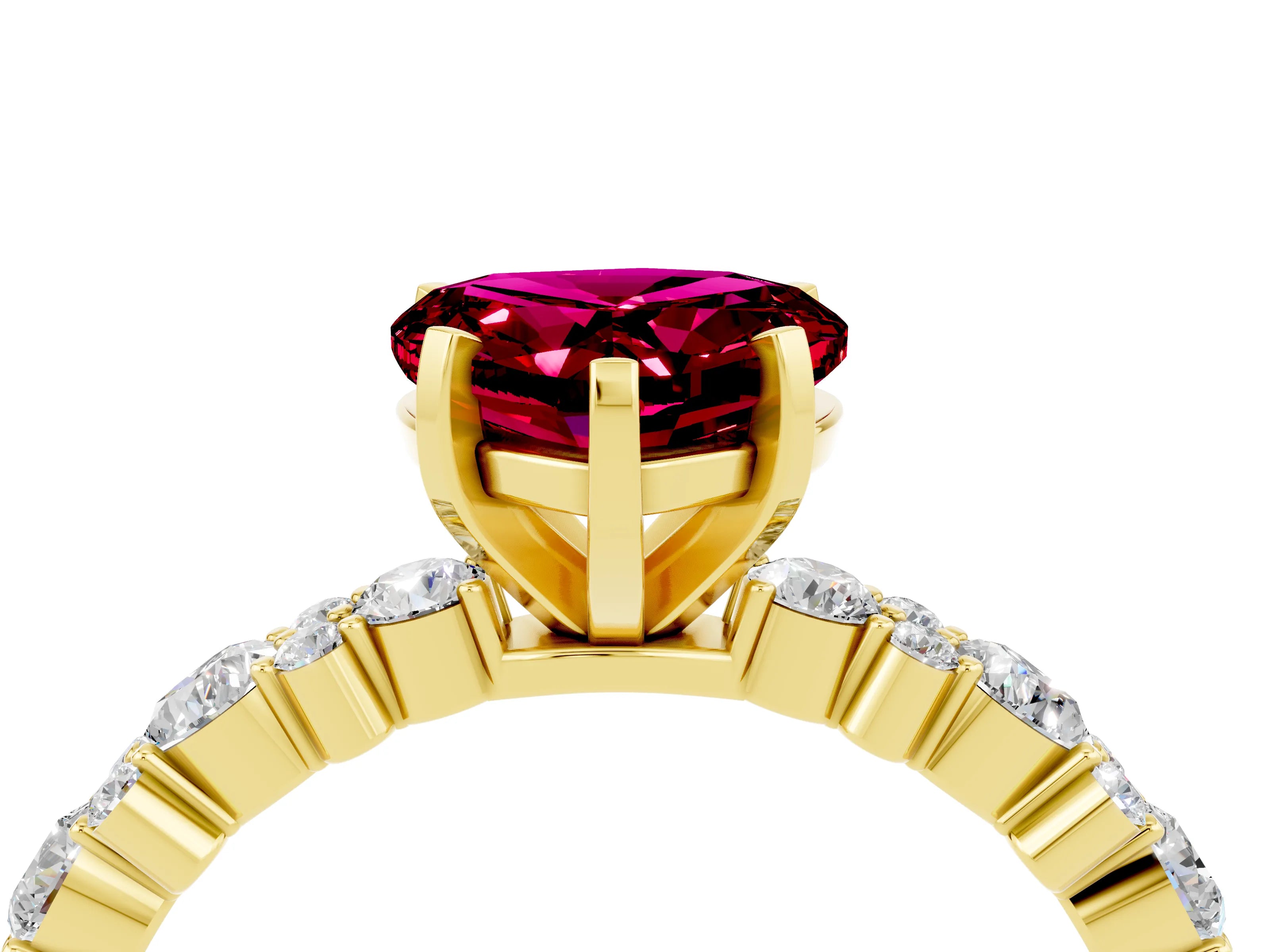 Yellow gold Heart Cut Garnet Solitaire with Side Stones, Pave Band, Four-Prong Setting_40