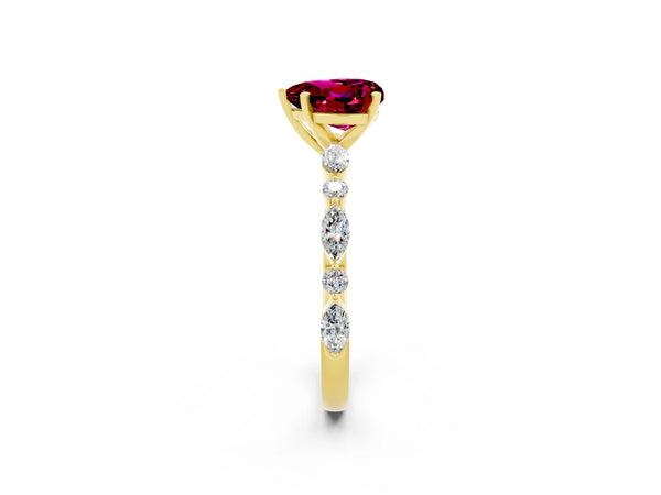 Yellow gold Heart Cut Garnet Ring with Marquise and Round  Side Stones and Four-Prong Setting