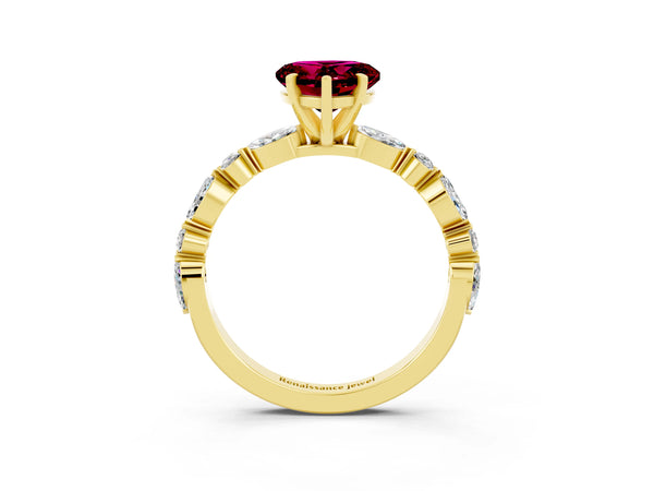 Yellow gold Heart Cut Garnet Ring with Marquise and Round  Side Stones and Four-Prong Setting
