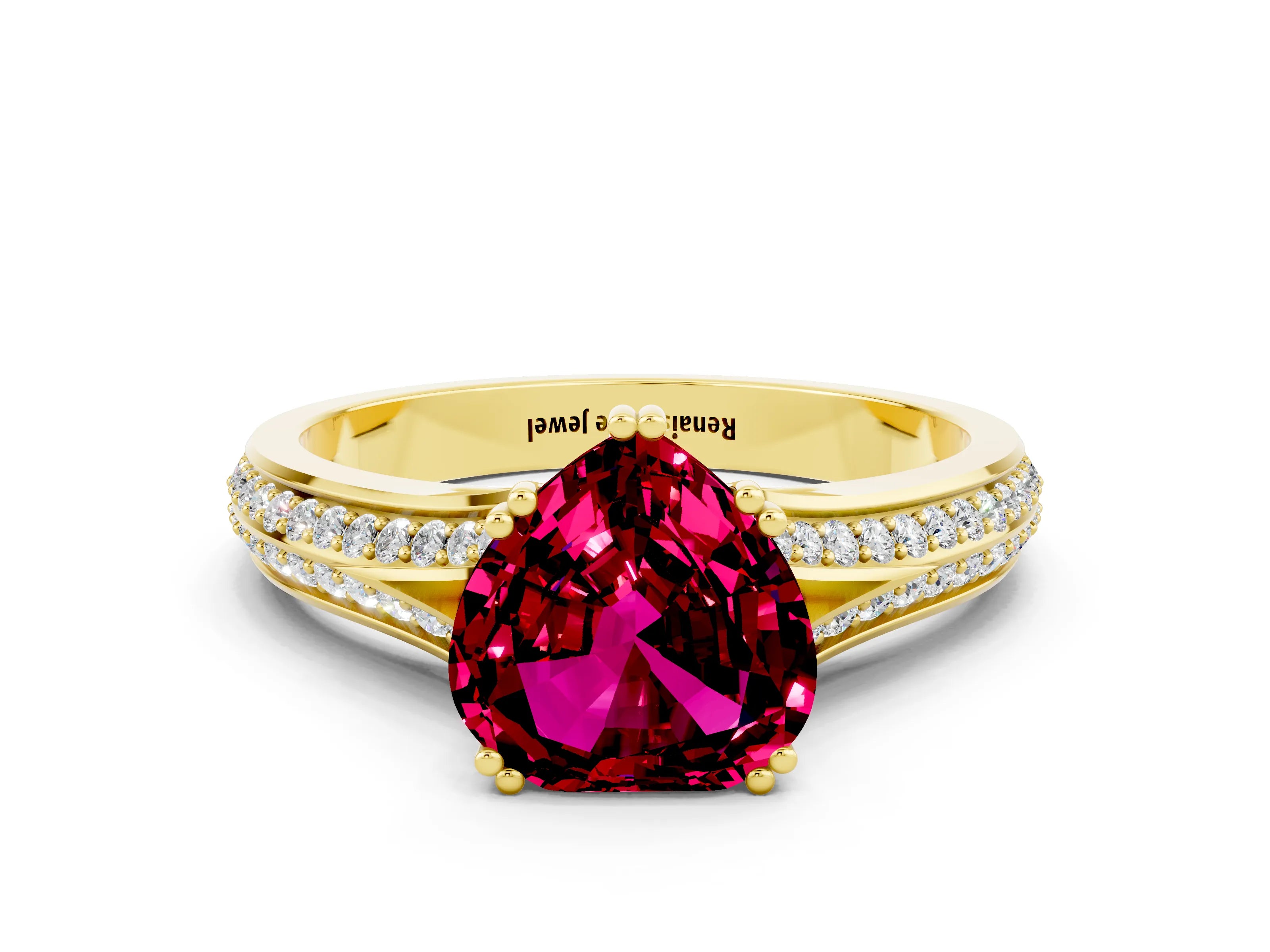 Yellow gold Heart Cut Garnet Split Shank Engagement Ring with Pavé Band